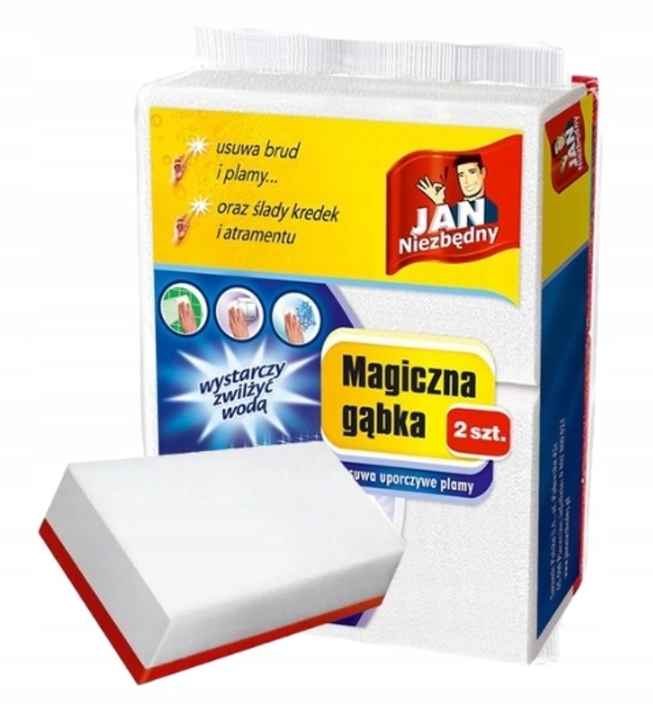 A product package for cleaning sponges, with a sponge shown in the foreground.
