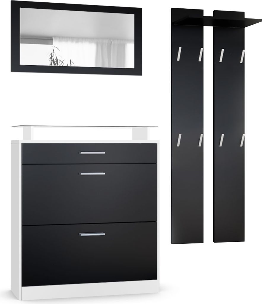 Vladon Garderobe Loret mini, Garderobenset bestehend aus 1 Schuhschrank, 1 Wandspiegel und 2 Garderobenpaneele, Weiß matt/Schwarz matt