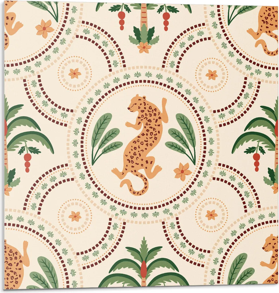 Motivo tropicale con leopardi - Autoadesivo - Rivestimenti murali - Decorazioni murali - Pannelli murali decorativi - Pannelli murali 3D - Design murale autoadesivo - 4 pezzi 50 x 50 cm