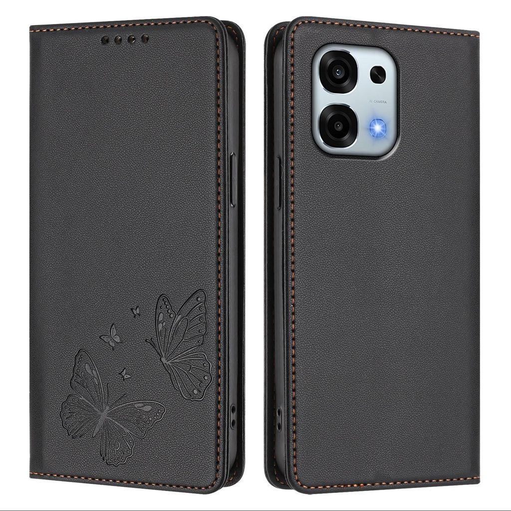 Lederhülle für Oppo A6 Pro 5G/Oppo A6 Pro 4G, Schmetterling Prägung Leder Brieftasche Schutzhülle mit Ständer Schwarz