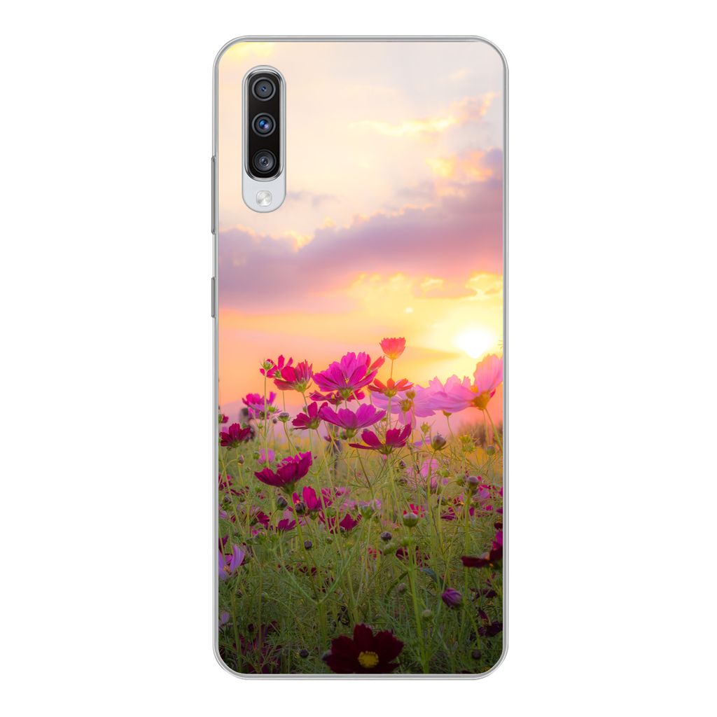 MuchoWow Handyhülle Schutzhülle Hülle für Samsung Galaxy A70 Sonnenuntergang - Blumen - Rosa - Natur - Grün Silikon Softcase Handy Hülle - ...