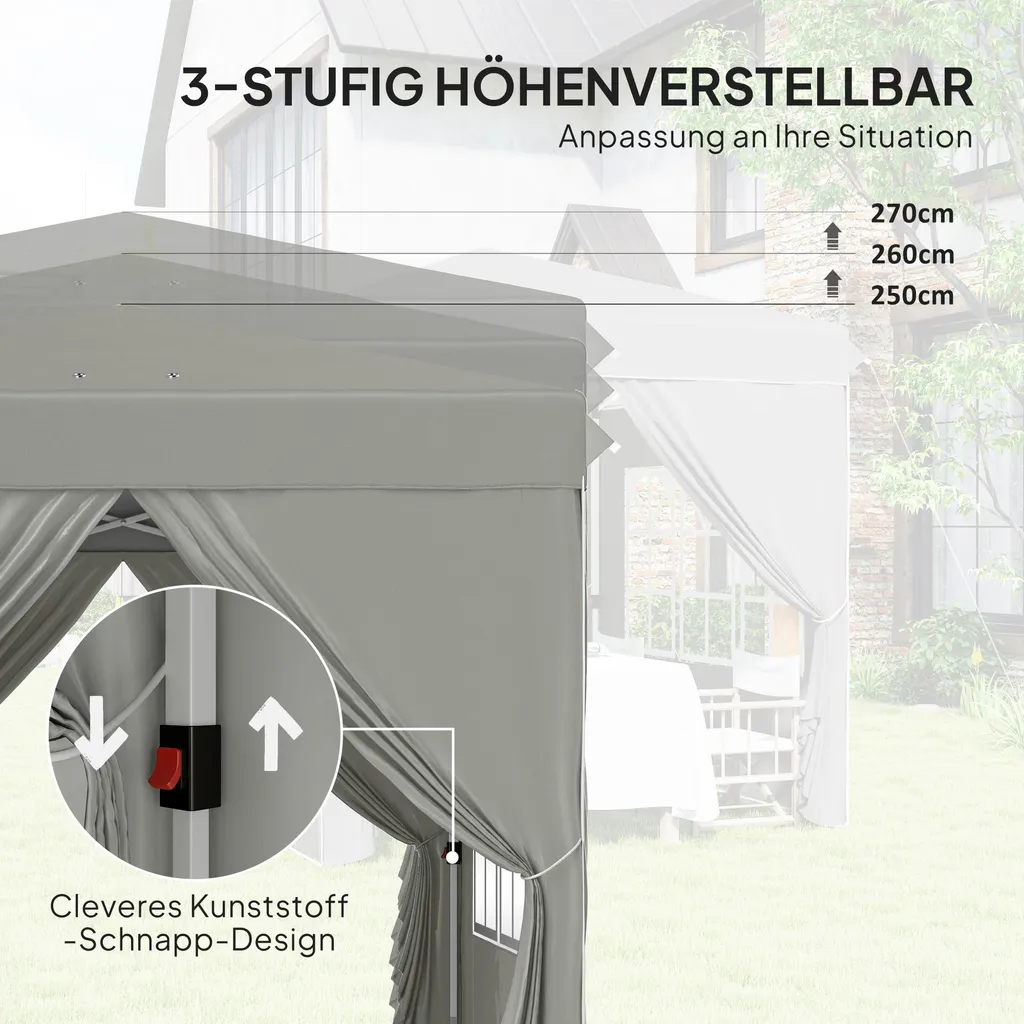 Fortuna Lai Gazebo 2,5x2,5 m, idrorepellente, stabile, resistente alle intemperie, gazebo pieghevole pop-up, protezione UV 50+, tenda da giardino pieghevole con 4 pannelli laterali, borsa, gazebo da giardino per campeggio, grigio chiaro - 5