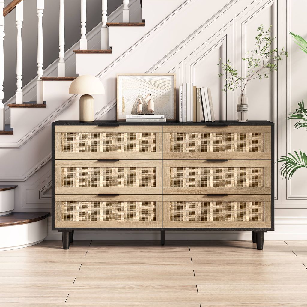 AIORBER Kommoden, Rattan,6 Schubladen,antiker Landhausstil,viel Stauraum,Sideboard, geeignet für Schlafzimmer,Wohnzimmer,130x40x75cm, Schwarz