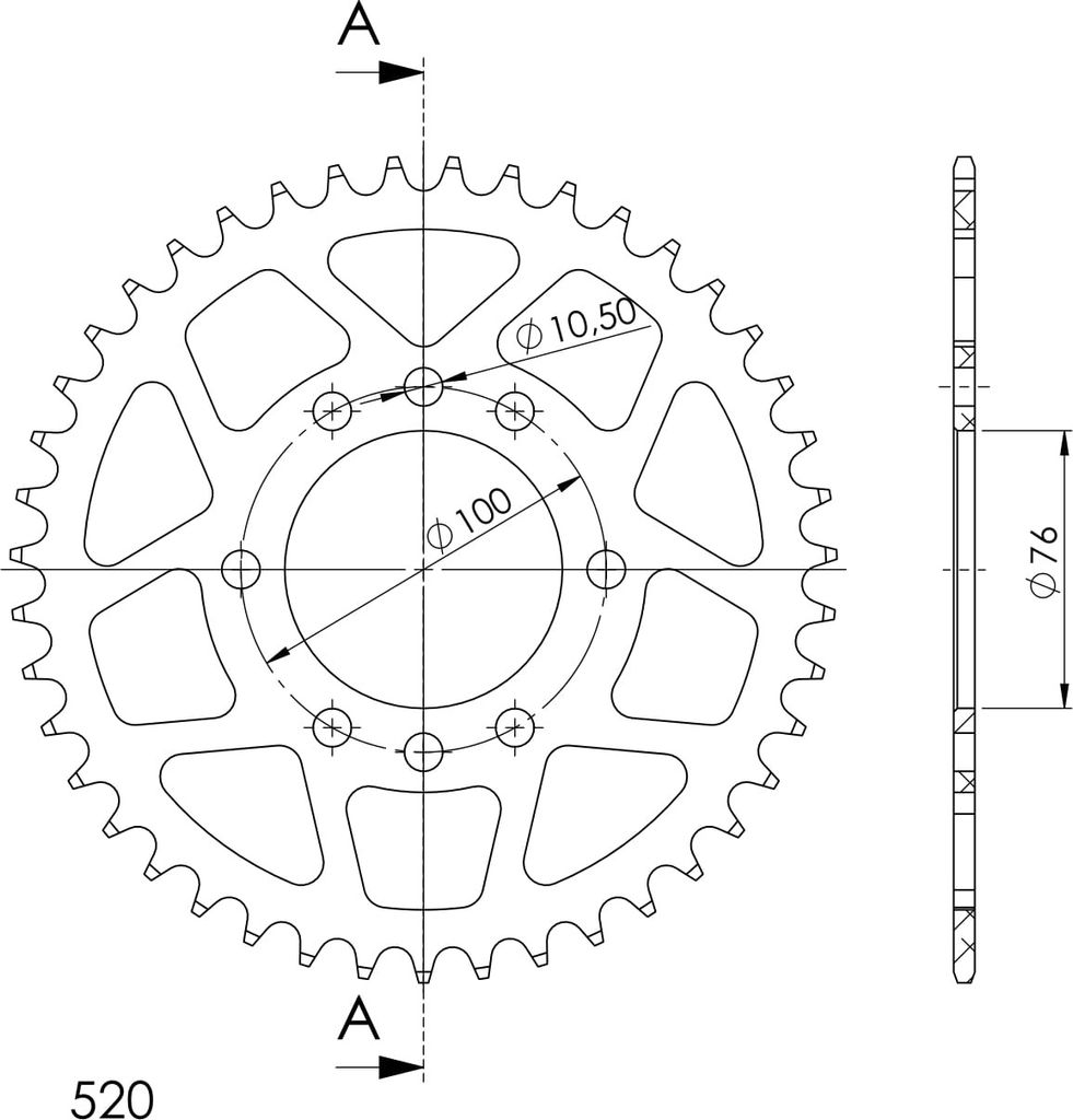 Alu-Kettenrad Supersprox 520 - 43Z (schwarz) RAL-1825:43-BLK|ID 76,0 LK 100,0 8-Loch