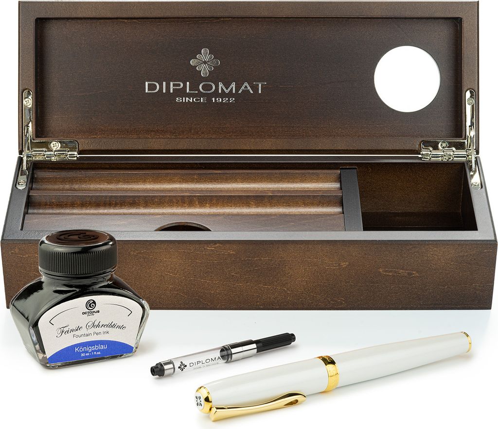 Füllhalter-Set Diplomat Excellence A2 Perlmutt Gold mit Schreibtinte und Stiftetui aus Wenge-Holz
