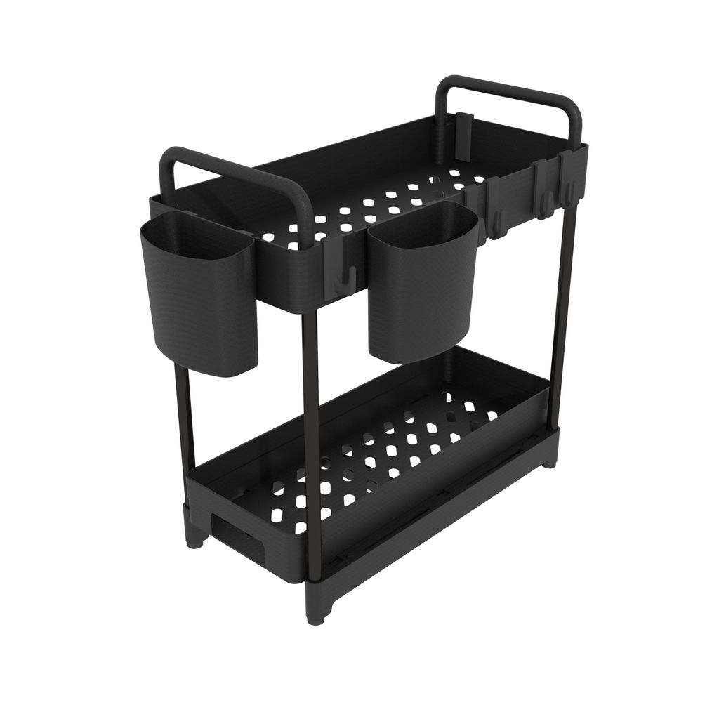 Organizer Küche 2 Ebenen Schwarz mit Schublade, 2 Bechern & 4 Haken