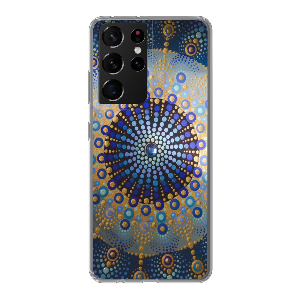 MuchoWow Handyhülle Schutzhülle Hülle für Samsung Galaxy S21 Ultra Kreis - Mandala - Blau - Gelb Silikon Softcase Handy Hülle - Mobiltelefon