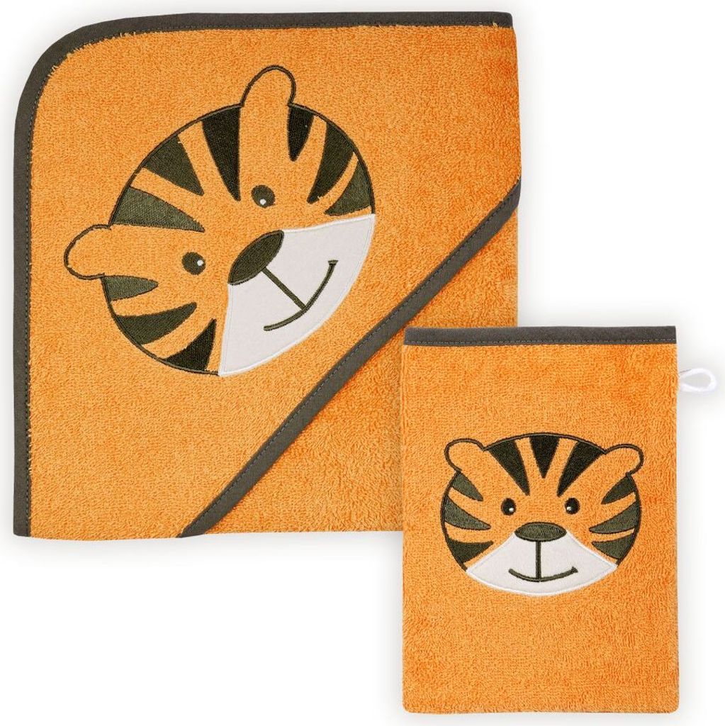 Wörner Südfrottier Geschenkeset "Tigergesicht camel" Kapuzenbadetuch und Waschhandschuh