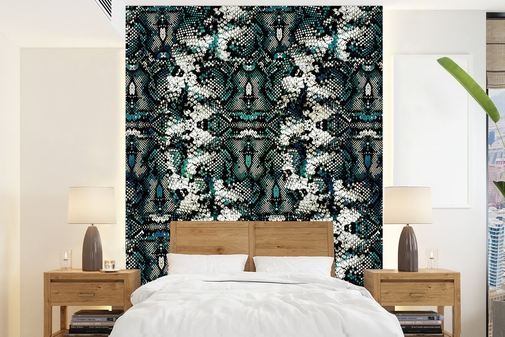 MuchoWow Fototapete für Wohnzimmer oder Schlafzimmer Wandtapete Vinyl Motivtapete Tiermuster - Schuppen - Weiß - Türkis - 160x220 cm - Bildsch...
