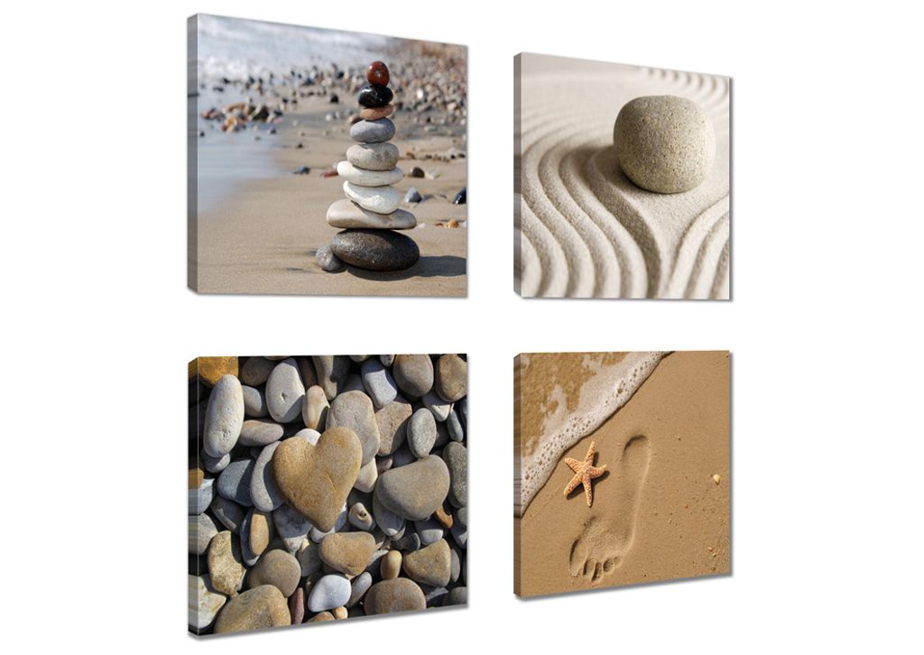 Steine am Strand 4 Bilder auf Leinwand Wandbild Bild Kunstdruck 