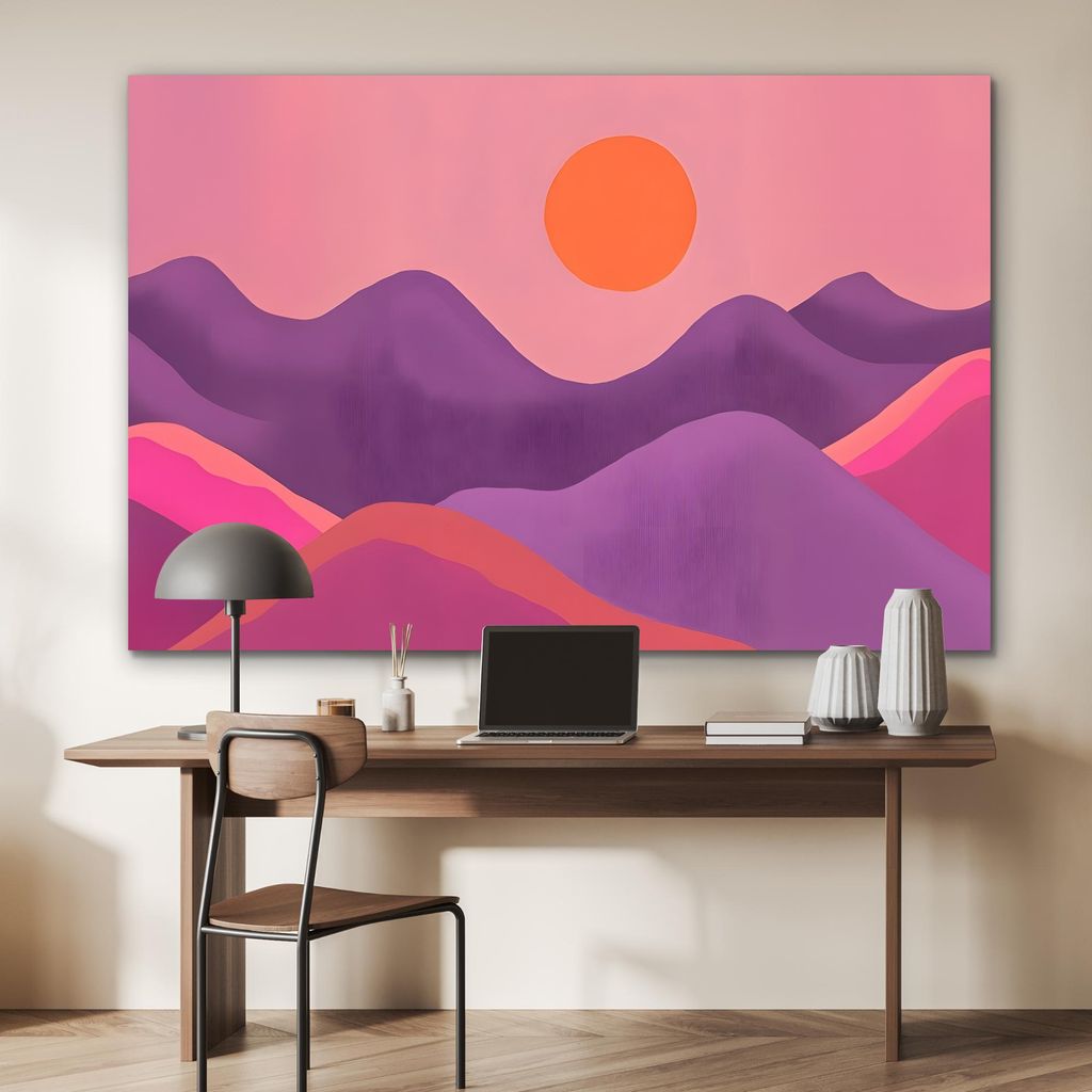 MuchoWow Wanddekoration Metall Metallbild Wandkunst 150x100 cm Sonne - Hügel - Lila - Abstrakt MuchoWow Aluminium Gemälde - Alu Dibond Bild