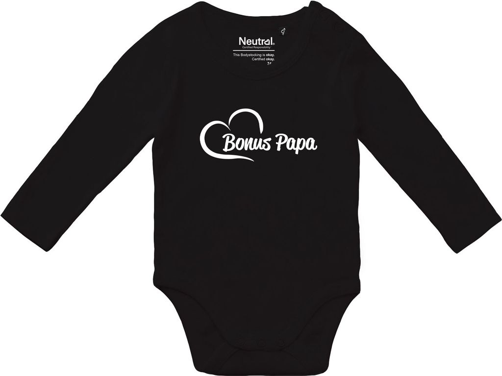 Huuraa Baby Body Bonus Papa Herz 74 Black Baumwolle Fairtrade Langarmbody Geschenkidee