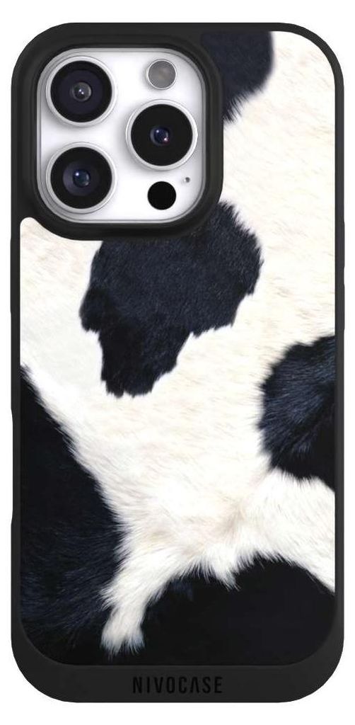 NIVOCASE Handyhülle für Apple iPhone 16 Pro Hülle NIVOpure Case Schwarz Animal-Look Animalprint Kuhfell