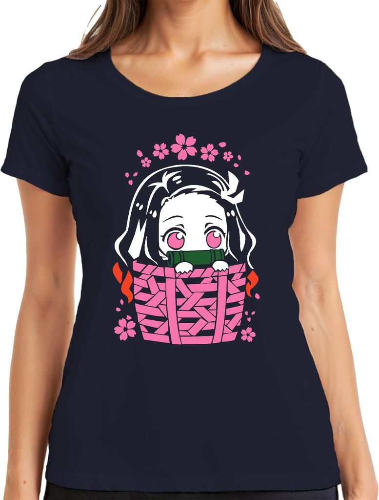 Nezuko Kimetsu No Yaiba Anime Kawaii Bambus Korb Sakura Geschenk Damen T-Shirt, Navy, L