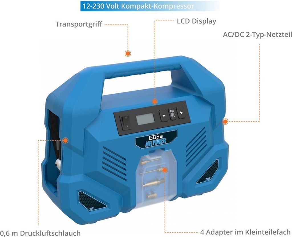 Güde Kompressor Dual Drive 12/230V / 5-tlg 150 Watt, max 8 Produktbild 5