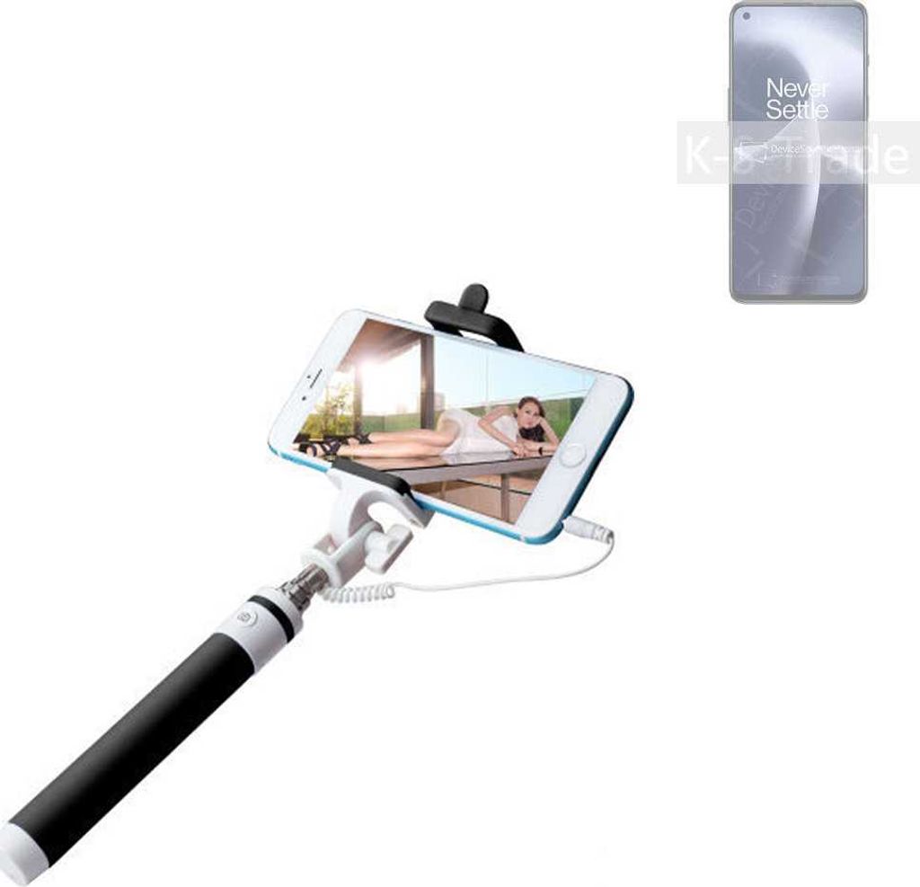 K-S-Trade Selfie Stick kompatibel mit OnePlus Nord 2T Selfiestick kabelgebunden Monopod mit Kabel Stab Stange Selfportrait Handheldstick schwarz 1x