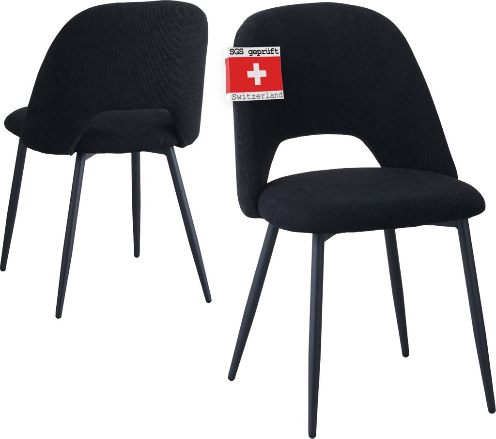 Two black chairs are shown against a white background. One chair is in the foreground, and the other is slightly behind and to the left.