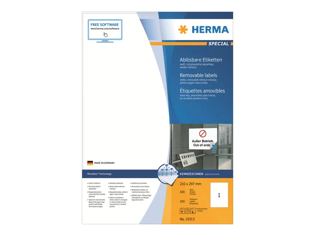HERMA Special - Etichette autoadesive, rimovibili, in carta opaca - bianco - A4 (210 x 297 mm) - 100 etichette (10315)