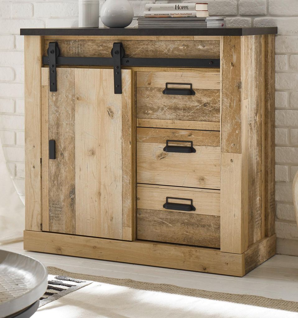 Kommode "Stove" in Used Wood hell und anthrazit Sideboard 93 x 91 cm