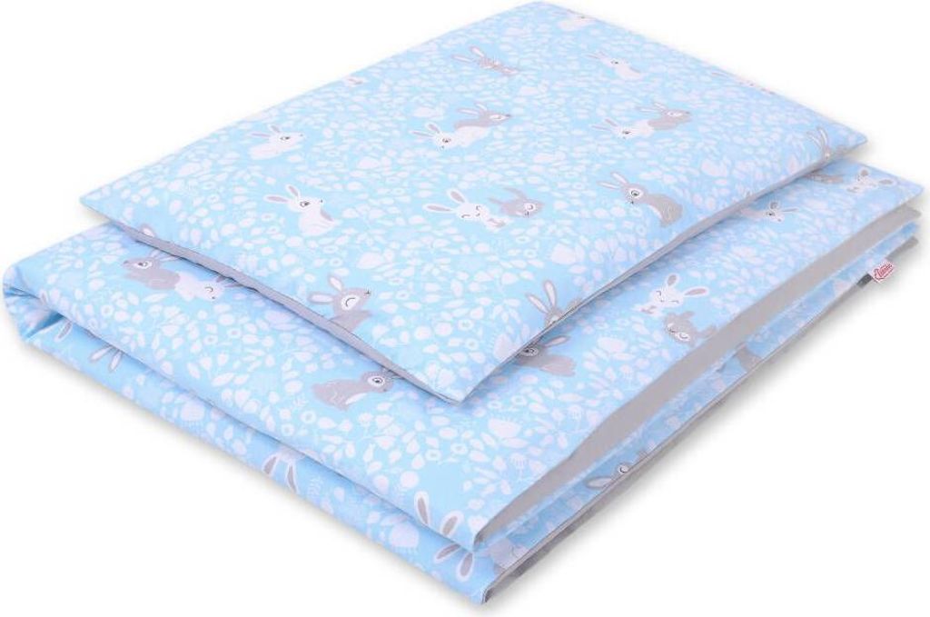 Doppelseitiges 2-teiliges Kinderbettwäscheset aus Baumwolle - blau/graue Häschen