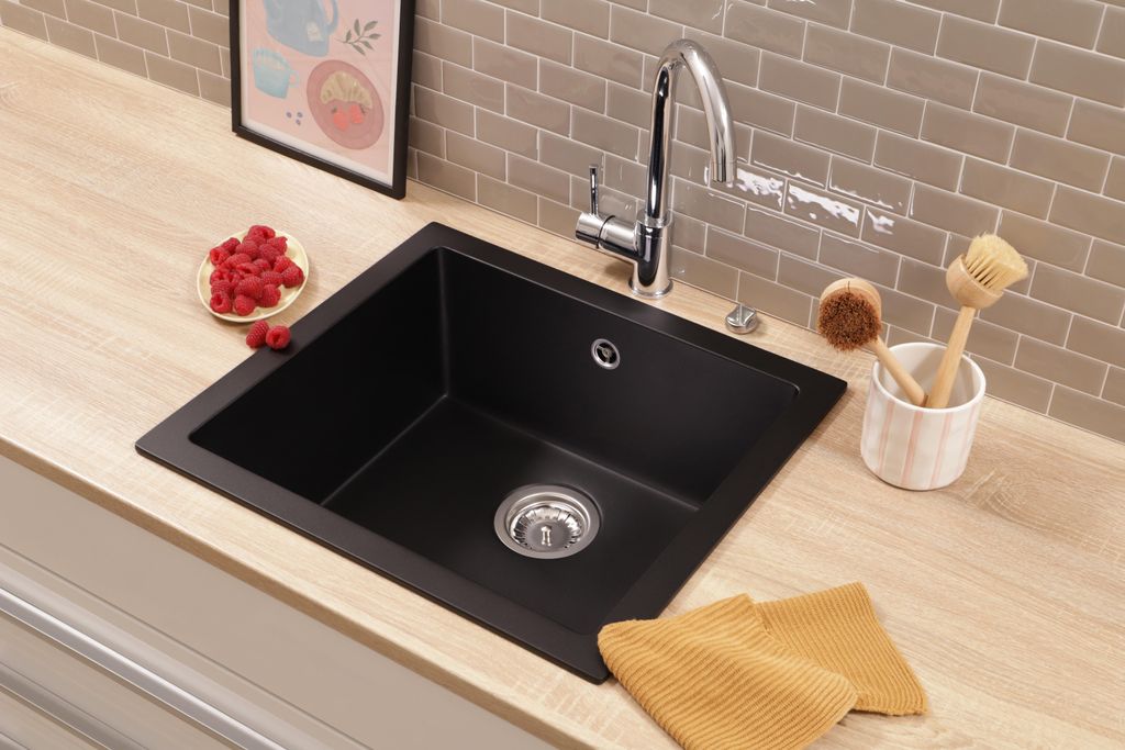 Küchenspüle Einbau Unterbau Spüle Granit Massiv 52 x 47 Schwarz Respekta Nelson