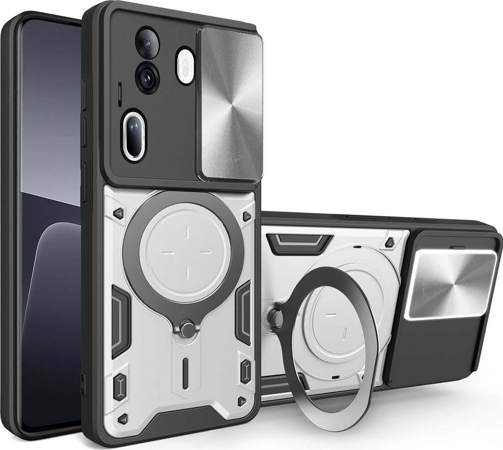 Handyhülle für Oppo Reno11 Pro Dual-Layer Stoßfest Rüstung Hülle mit Dia Kameraschutz und Kreisförmig Ring Ständer Silber