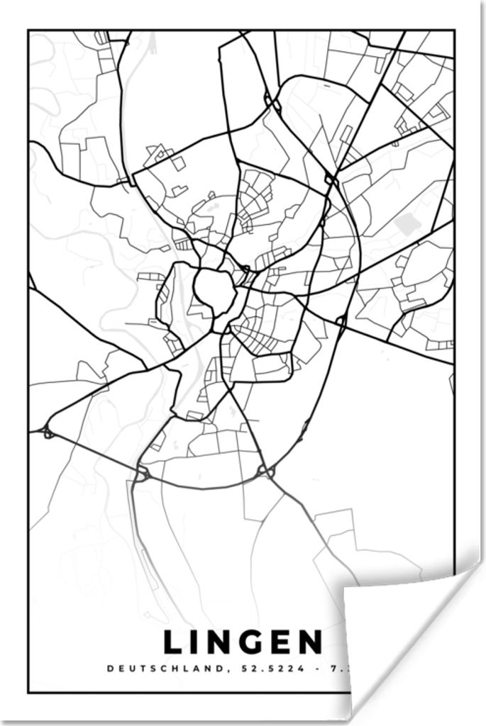MuchoWow Poster Lingen - Karte - Stadtplan 80x120 cm - Papierdruck