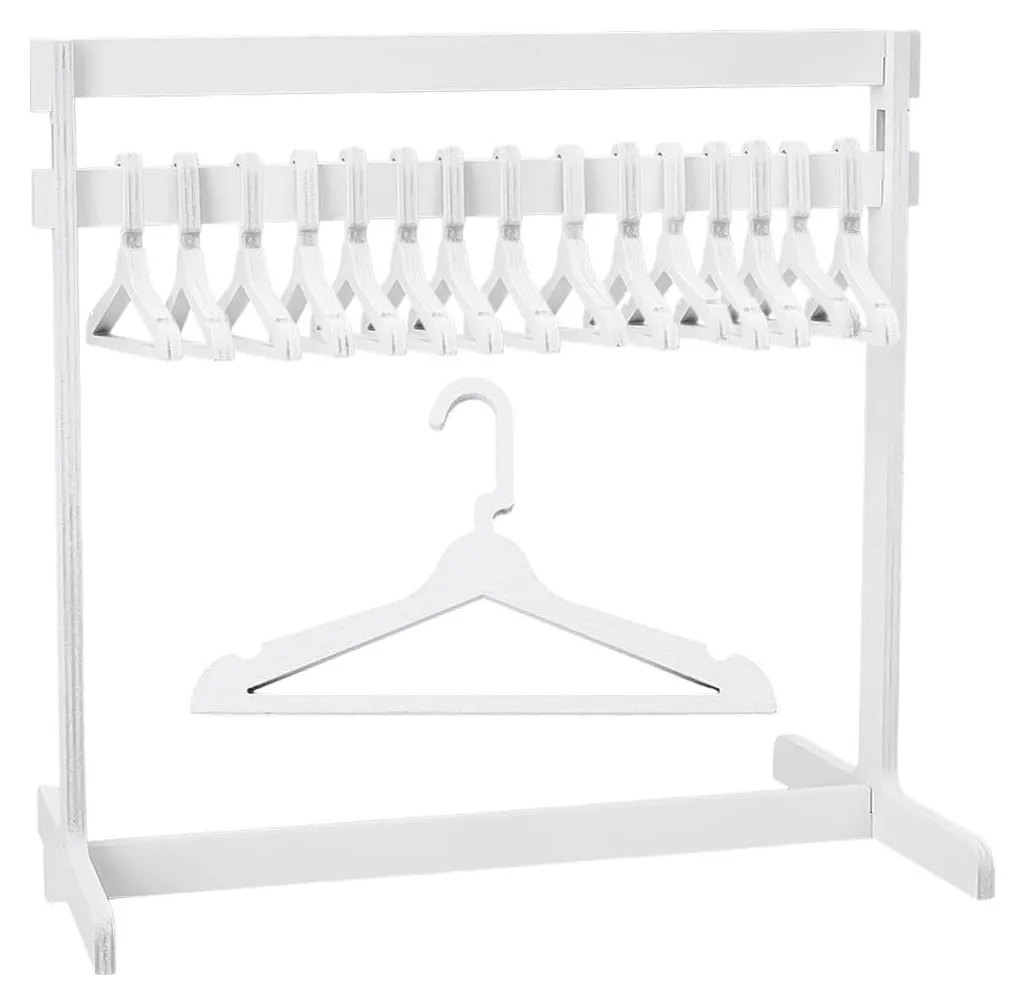 Portant à vêtements en bois blanc pour poupées 30cm + 15 cintres