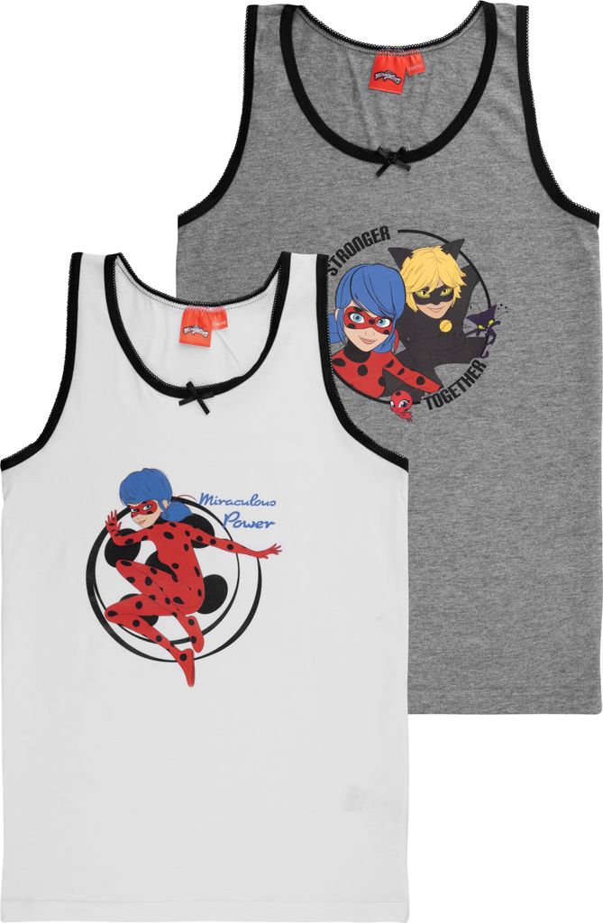 Miraculous Unterhemd für Mädchen - Ladybug Kinder Tank Top Hemdchen Unterwäsche Weiß/Grau (2er Pack) 122-128