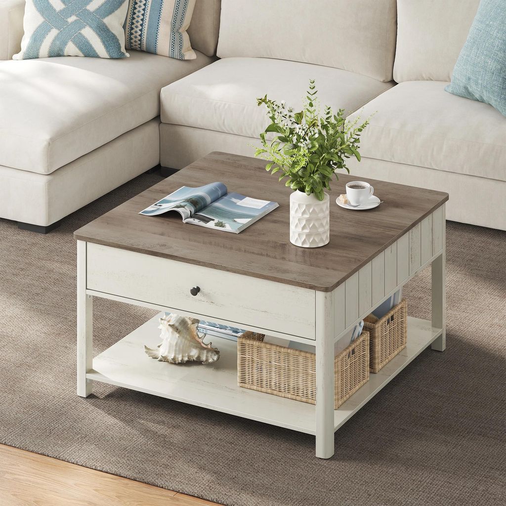 Couchtisch - Wohnzimmertisch mit 2 großen Schubladen - 80x80x45 cm - Mit Beinen - Viel Stauraum - Maritimer Stil - Greige/Weiß mit Wolkenoptik, D...