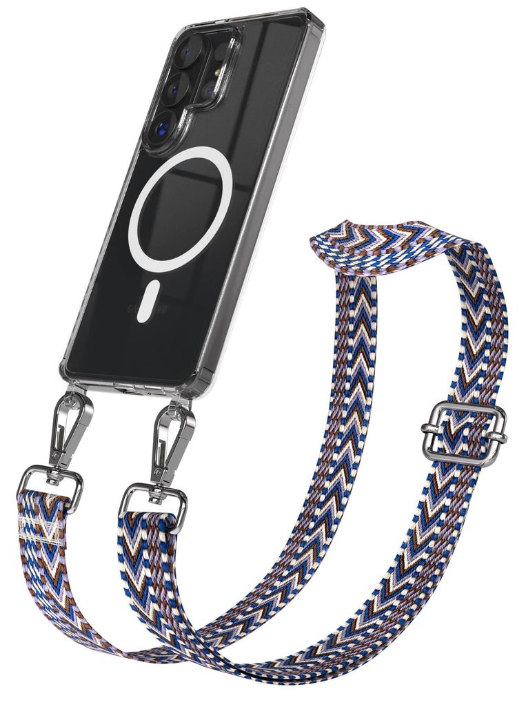 EAZY CASE - Handykette mit MagSafe Hülle für Samsung Galaxy S26 Ultra, Handyband ZickZack Style, Karabiner Silber, Umhängeband in Blau