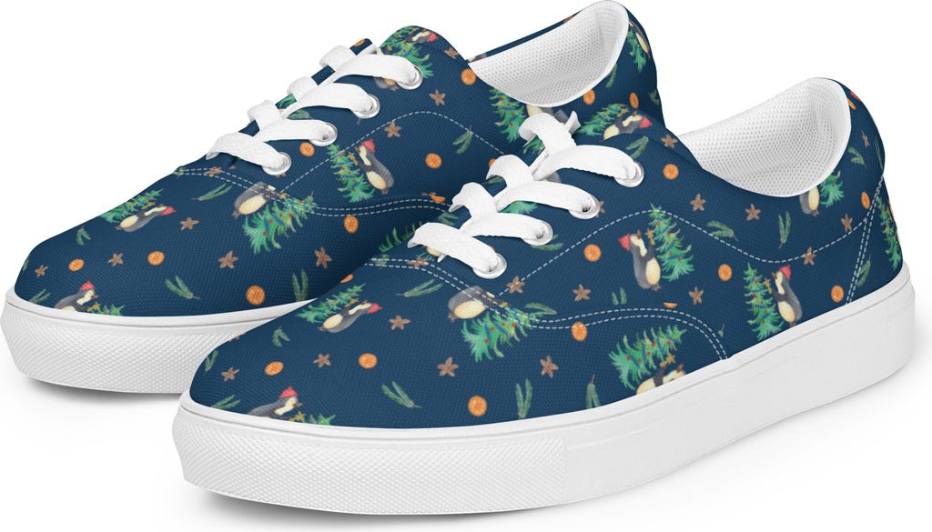 Mr. & Mrs. Panda Damenschuhe Pinguin Weihnachtsbaum Größe 44 - Blau - Geschenk, Leinenschuhe, Sportschuhe, Sneaker Damen, Weihnachten, Turnschuhe...