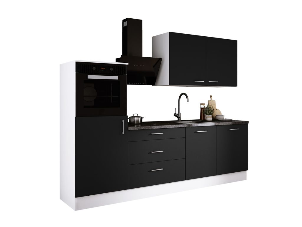 Küchenset: drei Schubladen, fünf Türen, acht Einlegeböden, Farbe: Weiß / Mattschwarz, Möbelmaße: B: 250 cm, H: 220 cm, T: 60 cm