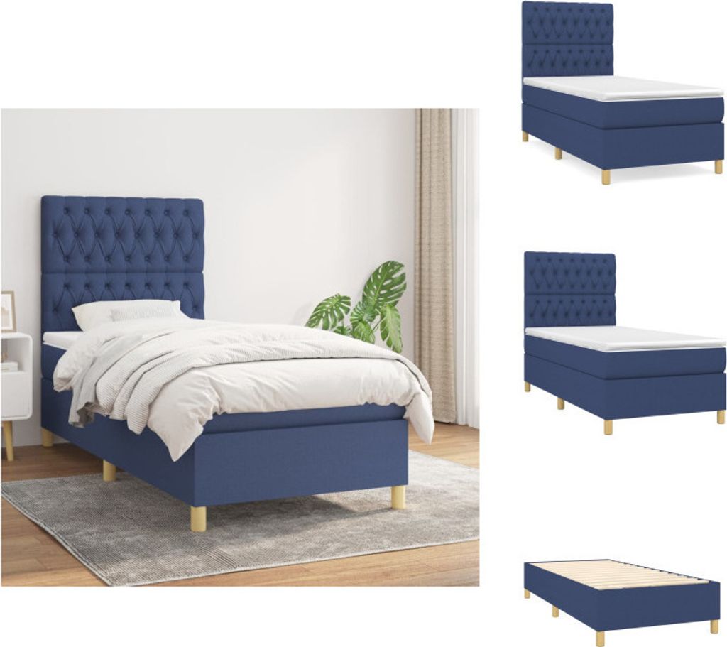 vidaXL Boxspringbett mit Matratze Blau 100x200 cm Stoff - Betten & Bettgestelle