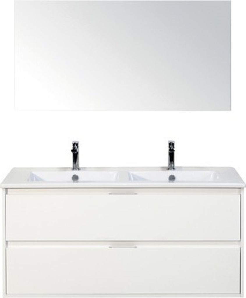 Badmöbel-Set Sanox Porto BxHxT 121 x 170 x 51 cm Frontfarbe weiß hochglanz mit Waschtisch Keramik weiß und Waschtischunt