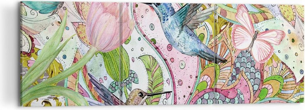 Bild auf Leinwand - Leinwandbild - Vogel Schmetterling Blume - 120x40cm - Wand Bild - Wanddeko - Leinwanddruck - Bilder - Kunstdruck - Wanddekorati...