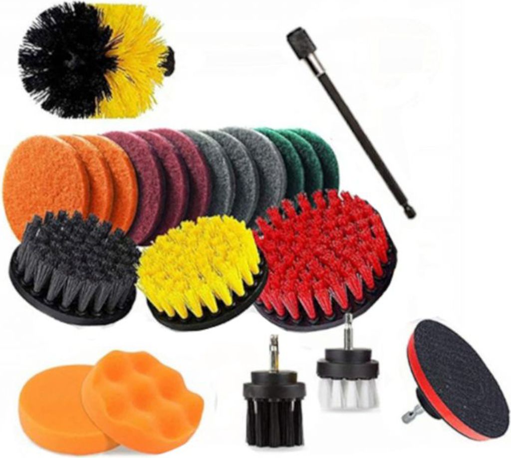 A collection of drill brushes and polishing pads.