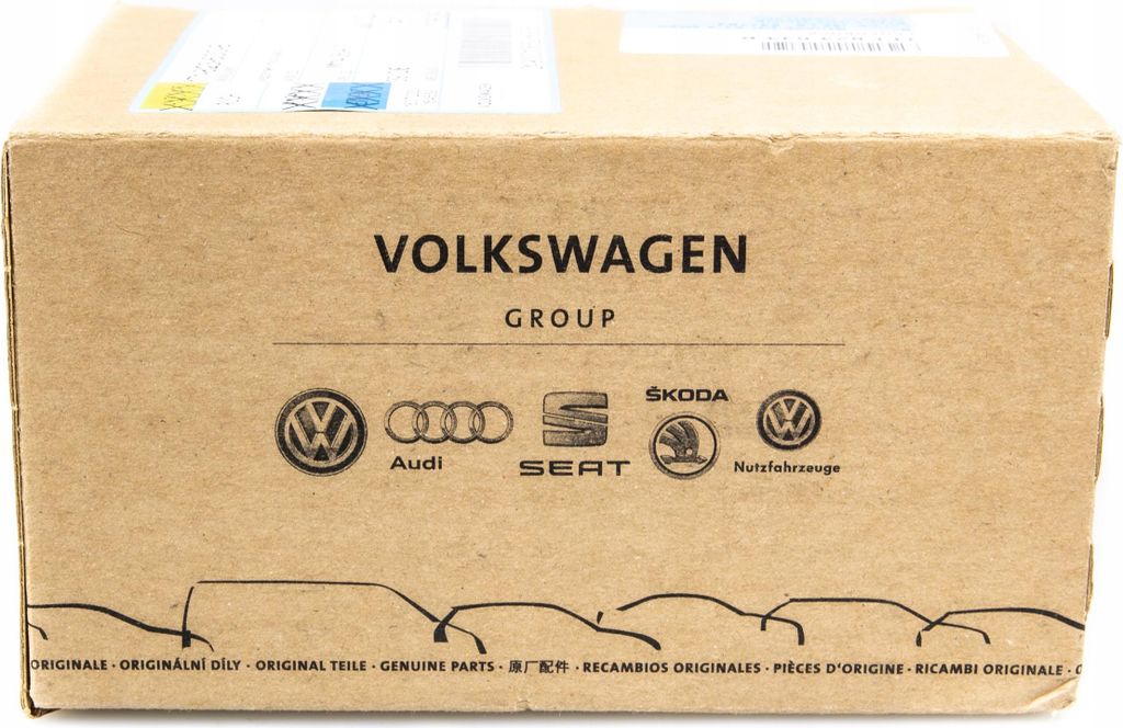 A cardboard box with Volkswagen Group branding and logos of its associated car brands.