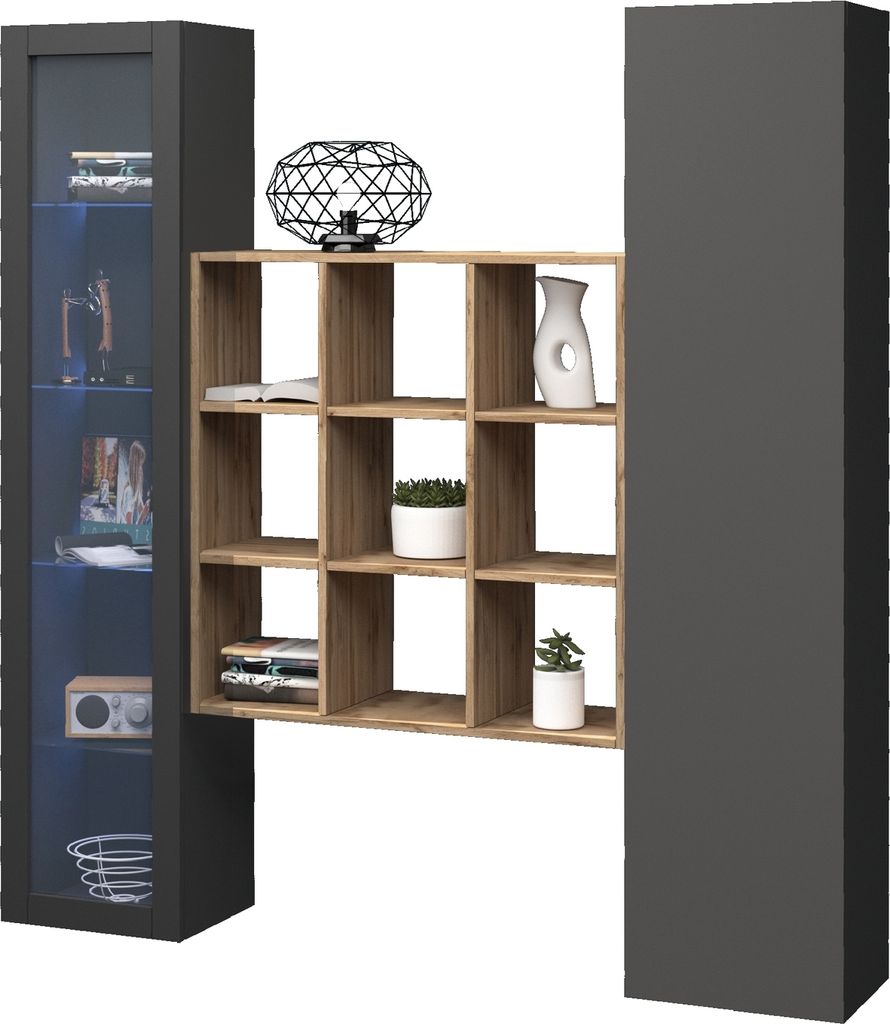 Wohnwand >Benevent< (3-teilig) in Anthrazit matt - 170x180x30 (BxHxT)