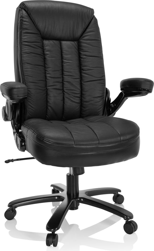 A black office chair is shown against a white background.