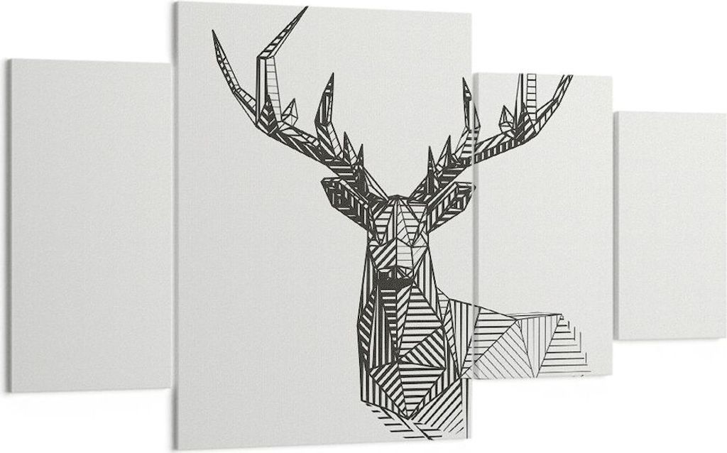 Bild auf Leinwand - Leinwandbild - 4 Teile - Hirsch Skizze Skandinavisch - 160x90cm - Wand Bild - Wanddeko - Wandbilder - Leinwanddruck - Bilder - ...