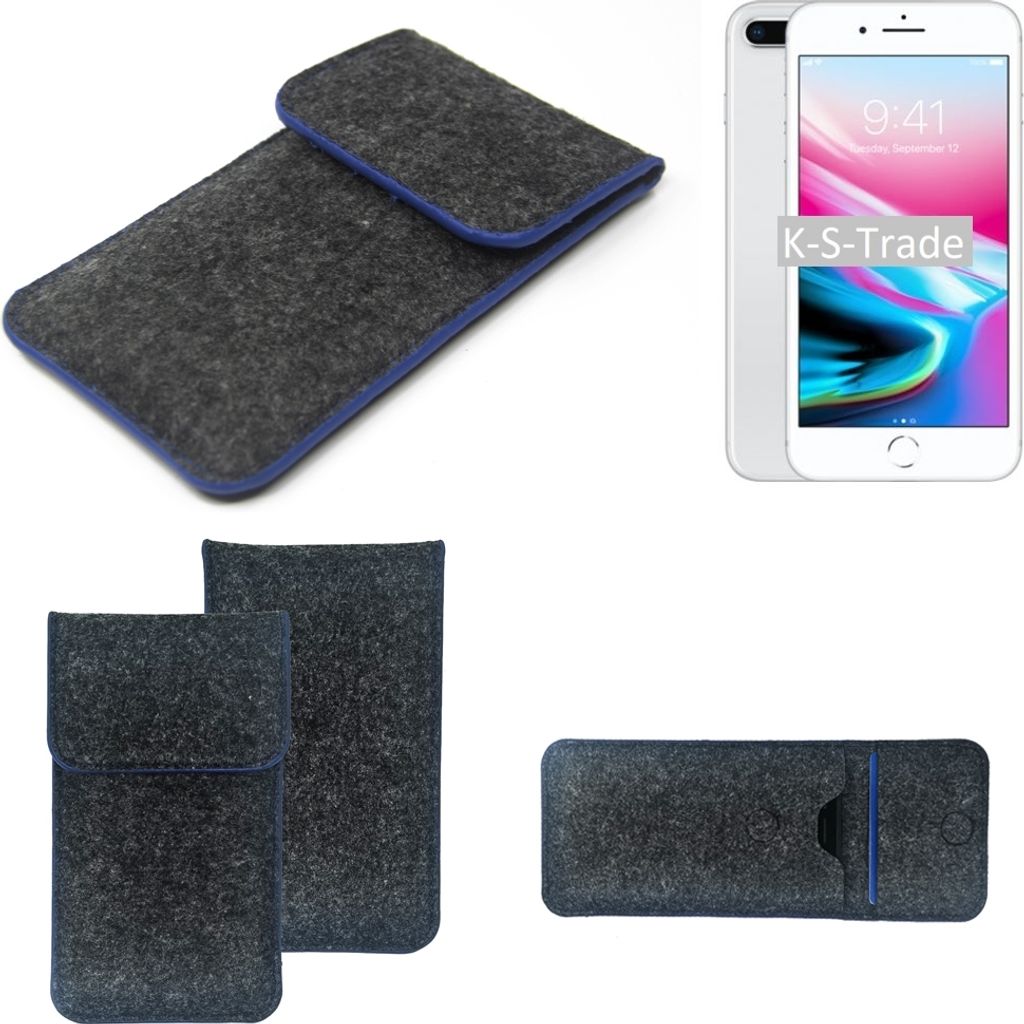 K-S-Trade Handy-Hülle Schutz-Hülle kompatibel mit Apple iPhone 8 Plus Filztasche Pouch Tasche Case Sleeve Filzhülle dunkelgrau, blauer Rand