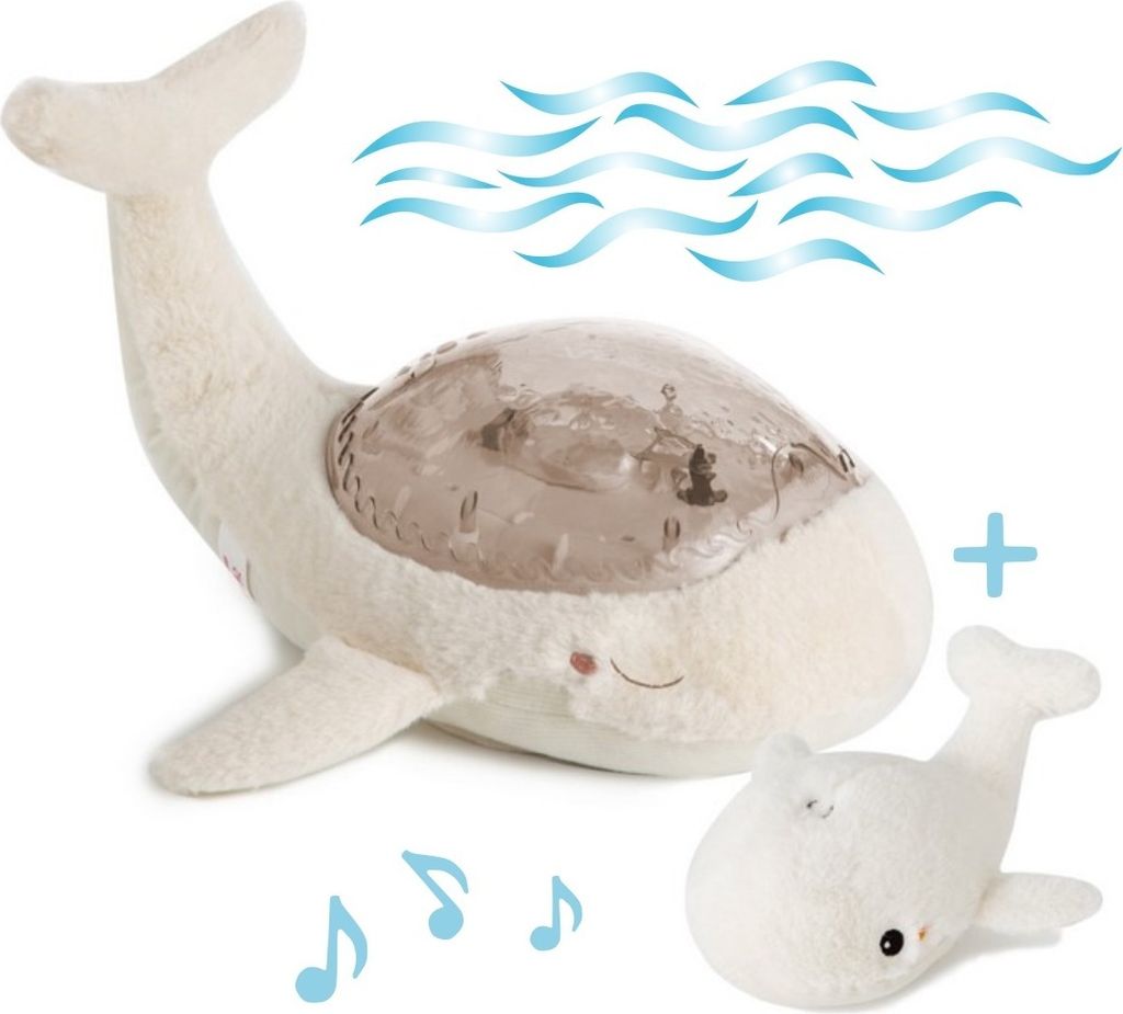 A plush whale toy with a clear dome on its back, and a smaller whale toy next to it.