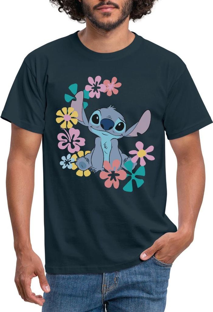 Lilo & Stitch | Stitch Mit Hawaiianischen Blumen Männer T-Shirt, XL, Navy