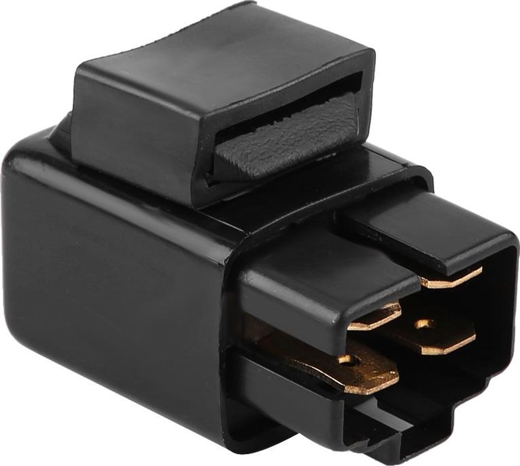 A black electrical connector with gold-colored metal contacts.