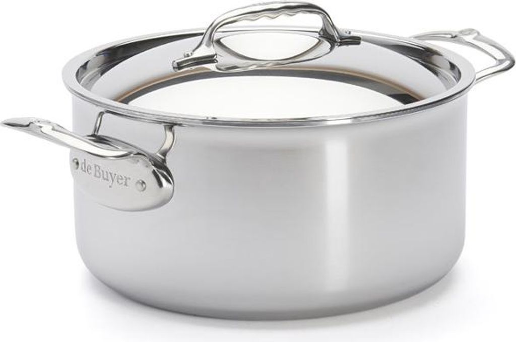 A stainless steel pot with a lid and handles, shown from a side angle on a white background.