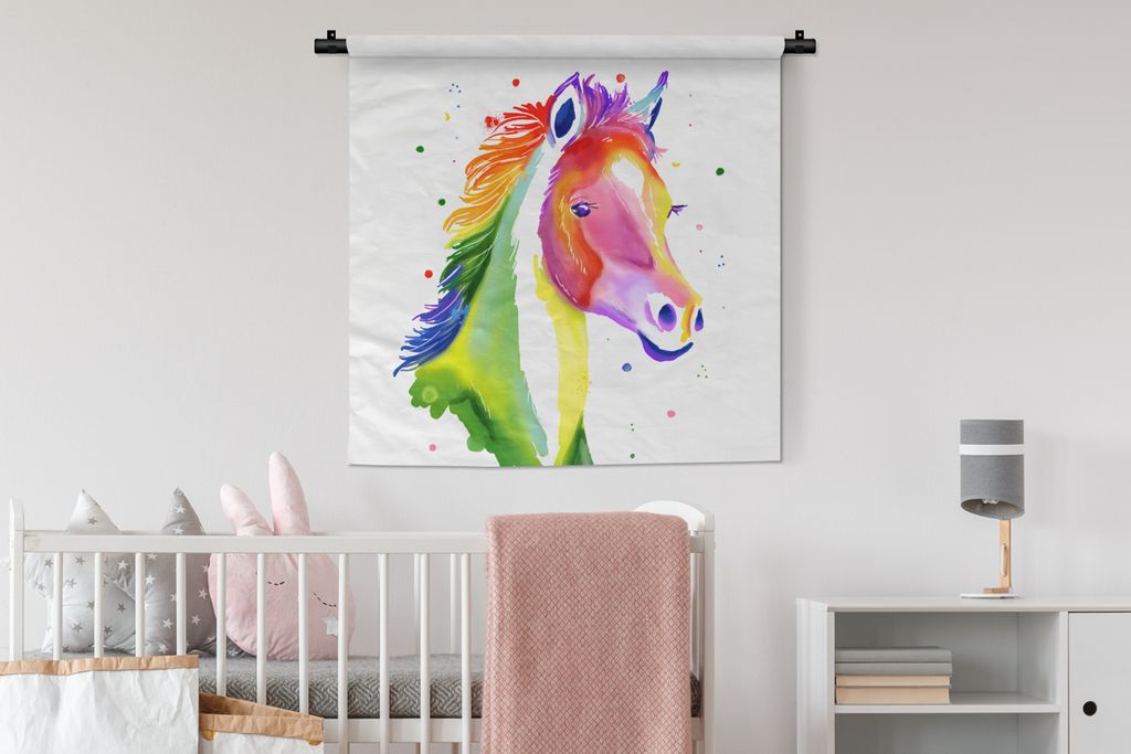 MuchoWow Wandteppich Wandbehang Pferd - Farben - Punkte - Mädchen - Kinder - Mädchen 90x90 cm Tapisserie Dekoration Wandtuch - Wandaufhänger