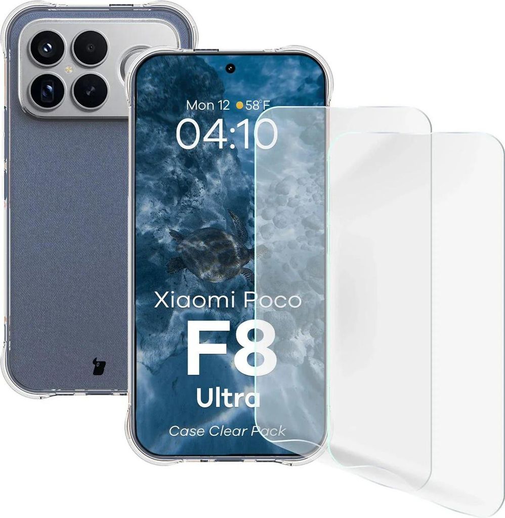 Handyhülle + 2x Folie für Xiaomi POCO F8 Ultra, Bizon Case Clear Pack, Transparent