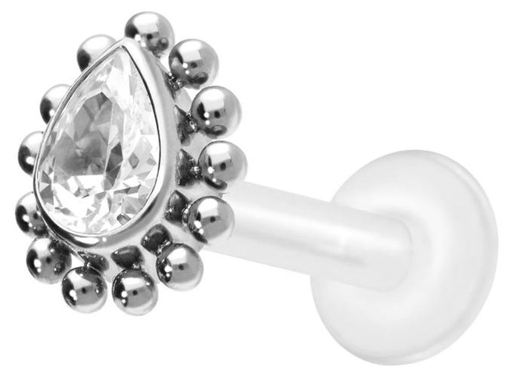 Ohrpiercing, Nasenpiercing PTFE Labret mit Innengewinde + Titan-Aufsatz KRISTALLTROPFEN + KUGELN Silber Stablänge: 9mm | Stabstärke: 1,2mm