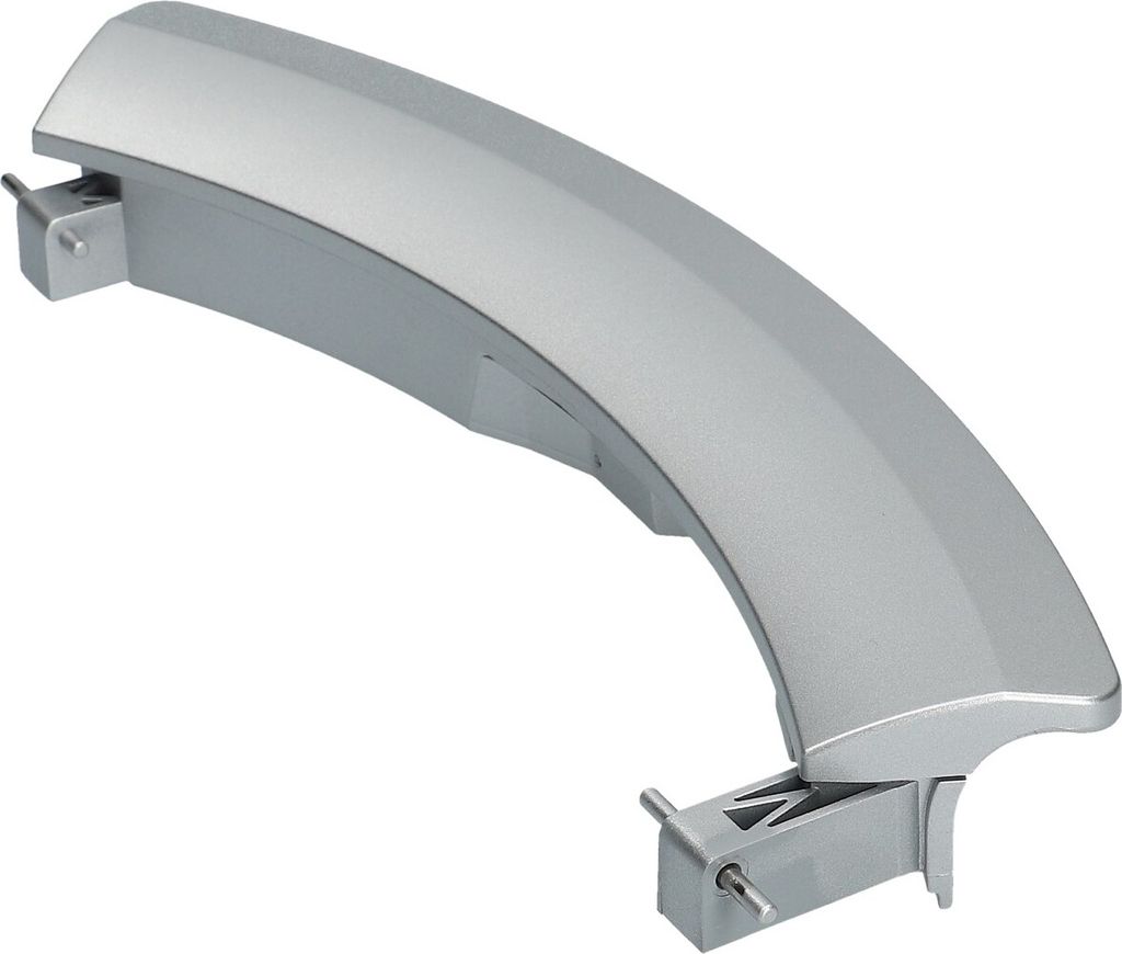A single silver-gray washing machine door handle is shown against a white background.
